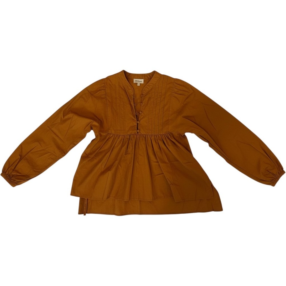 Richer Poorer Brown Pleated Babydoll Blouse Puff Sleeve Button Front Top XS